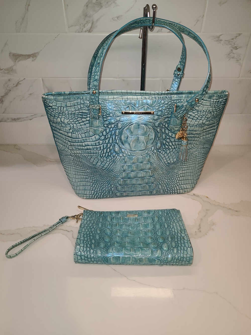 Brahmin Mineral Blue Medium Asher Tote With Matching Daisy Wristlet
